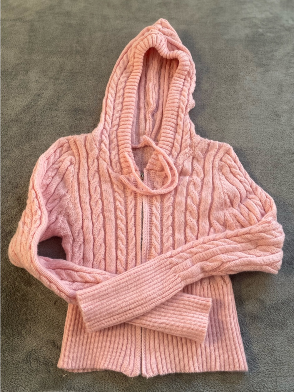 Pink Cable Knit Cropped Zip Hoodie Cardigan Small - Picture 14 of 14